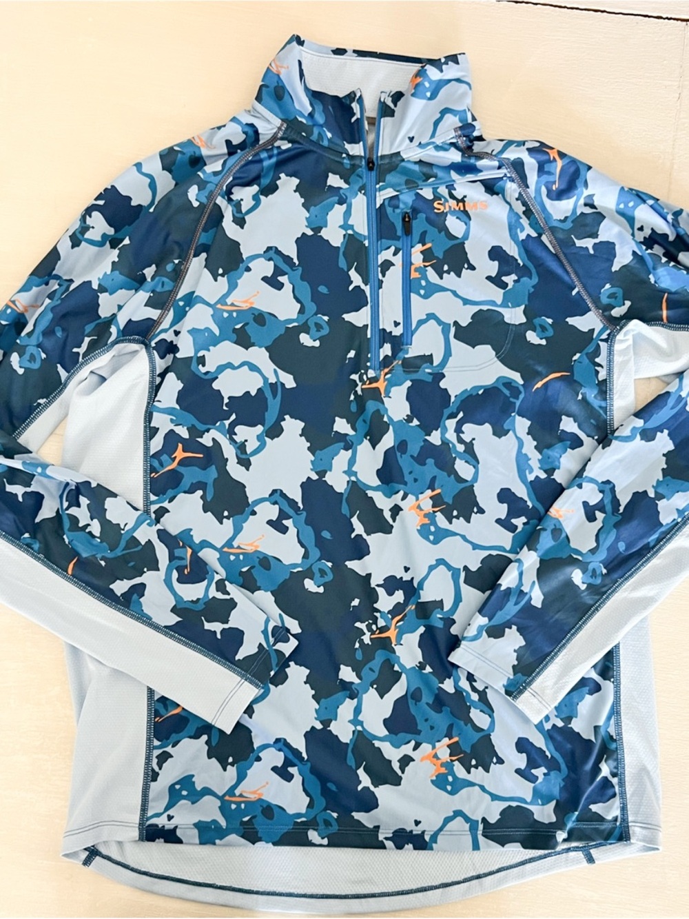 Simms Mens M Challenger Solar Half Zip Regiment Camo Nightfall Sky Fishing Shirt